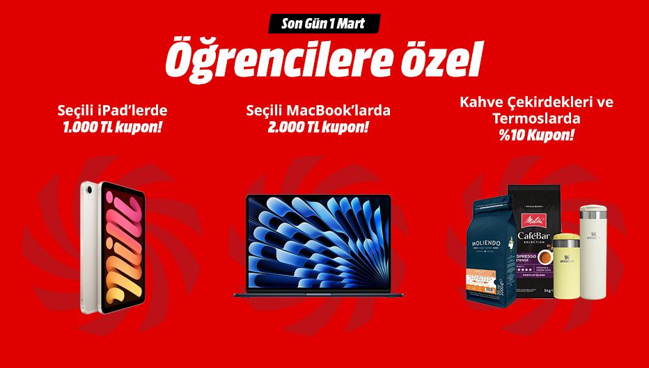 MediaMarkt'tan Öğrencilere Özel Termos ve Kahve Çekirdeklerinde %10,  Macbook’larda 2.000 TL ve Tabletlerde 1.000 TL Kupon Desteği!