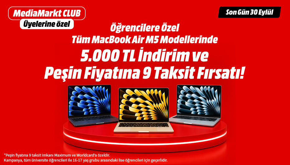 Öğrencilere Özel Tüm MacBook Air M5 Modellerinde Geçerli 5.000 TL Kupon Avantajı! - MediaMarkt öğrenci fırsatı